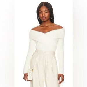 Jonathan Simkhai Women's Aiden Cream Fuzzy Off the Shoulder Sweater Top Size M